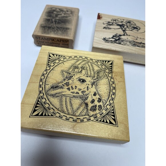 Assortment Wood Mounted Rubber Stamps Set Of 3 Giraffe Landscape Desert Skyscape - Picture 3 of 6